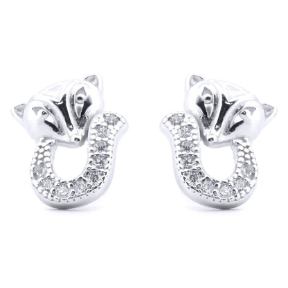 Silver  Round CZ Cute Fox Stud Earrings - AES185