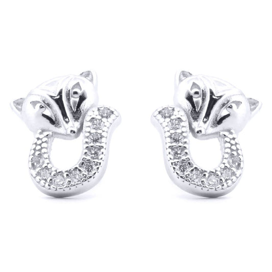 Silver  Round CZ Cute Fox Stud Earrings - AES185