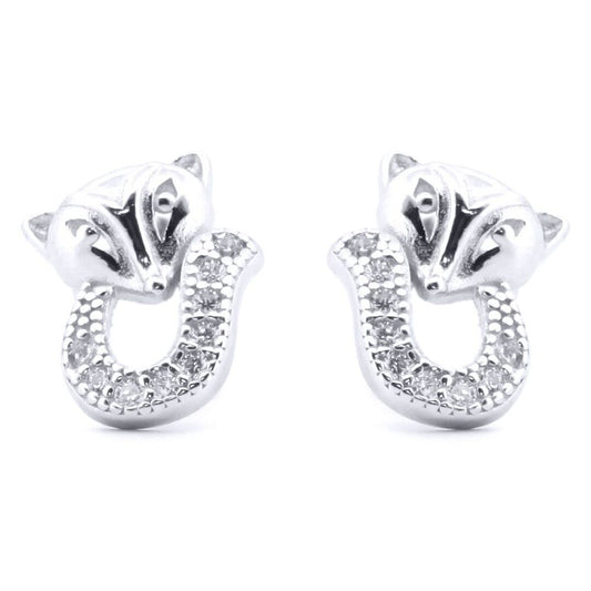 Silver  Round CZ Cute Fox Stud Earrings - AES185