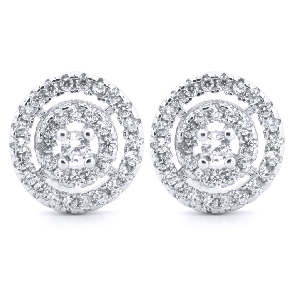 Silver  Round CZ Double Halo Solitaire Dartboard Stud Earrings - AES187