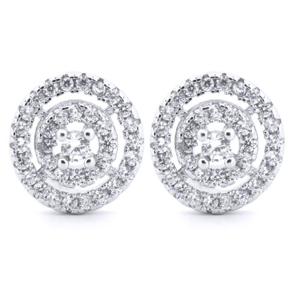 Silver  Round CZ Double Halo Solitaire Dartboard Stud Earrings - AES187