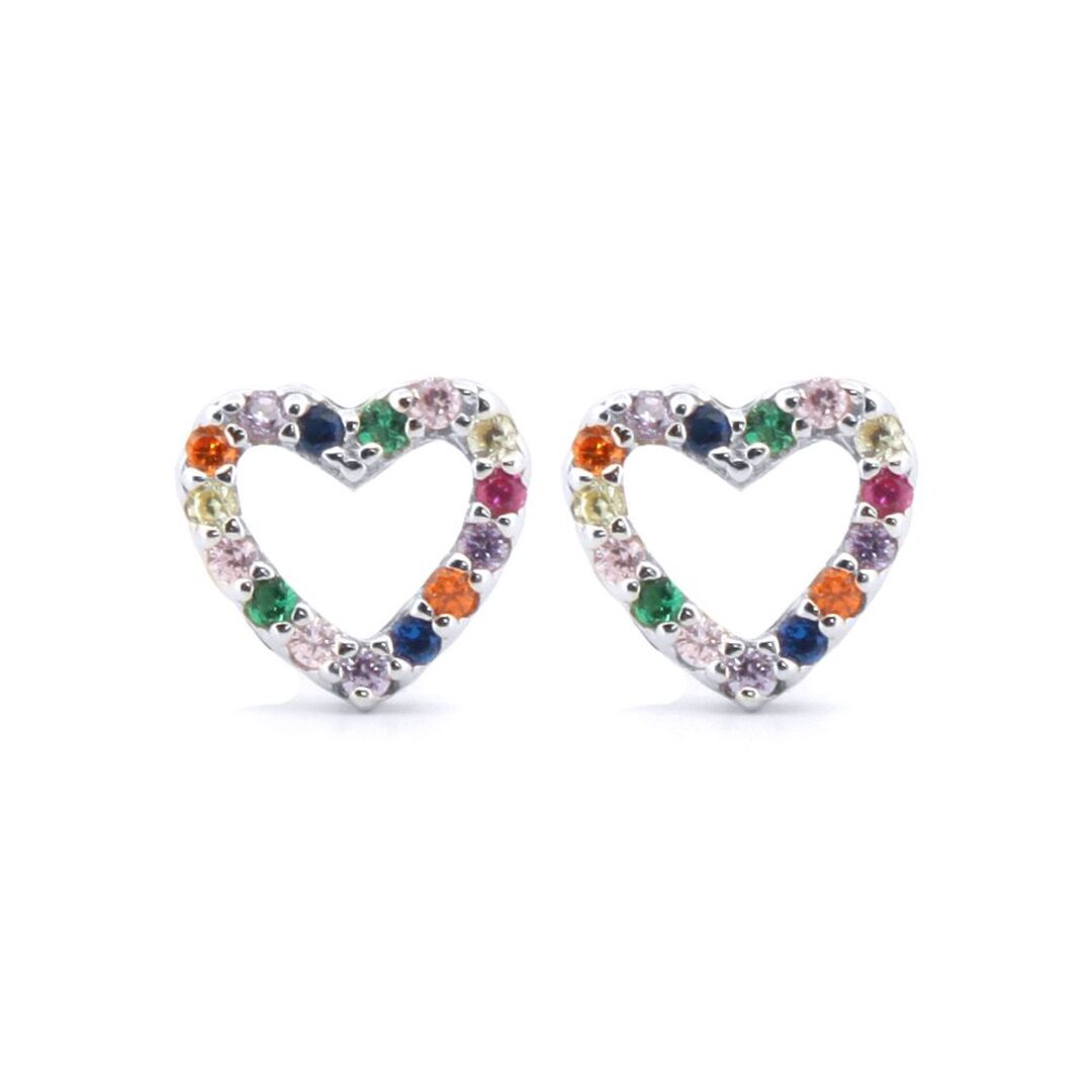 Silver  Rainbow CZ Open Love Heart Halo Stud Earrings - AES188