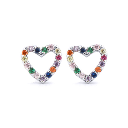 Silver  Rainbow CZ Open Love Heart Halo Stud Earrings - AES188