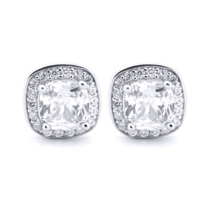 Silver  White Cushion CZ Halo Solitaire Stud Earrings - AES189