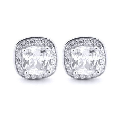 Silver  White Cushion CZ Halo Solitaire Stud Earrings - AES189