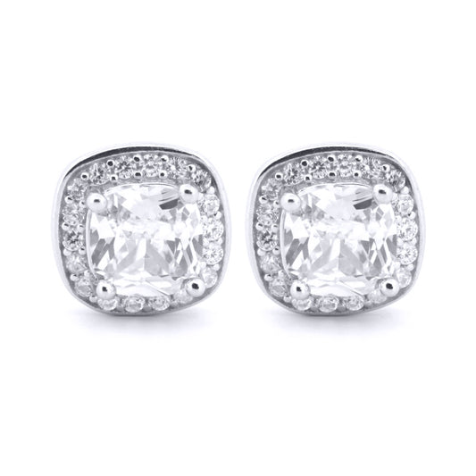 Silver  White Cushion CZ Halo Solitaire Stud Earrings - AES189