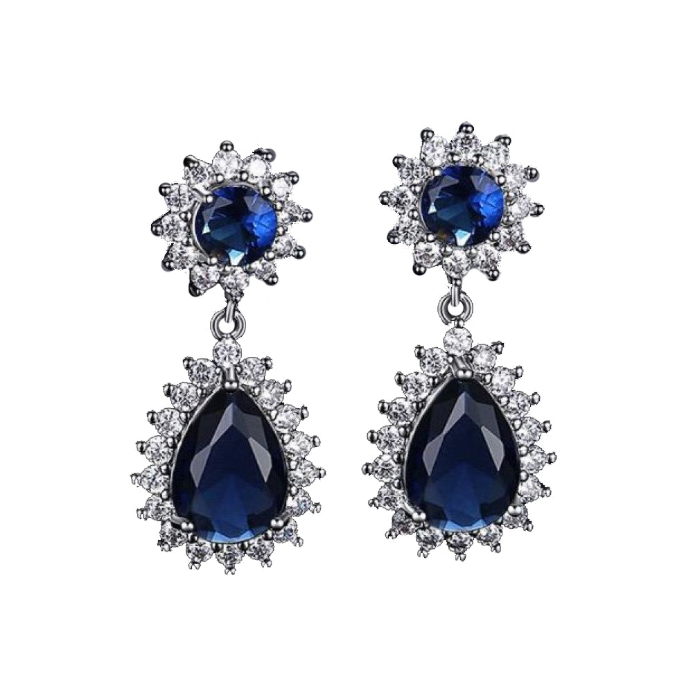 Silver  Blue Pear CZ Double Cluster Drop Earrings - AES191