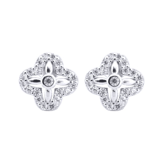 Silver  Round CZ Quatrefoil Clover Solitaire Stud Earrings - AES193