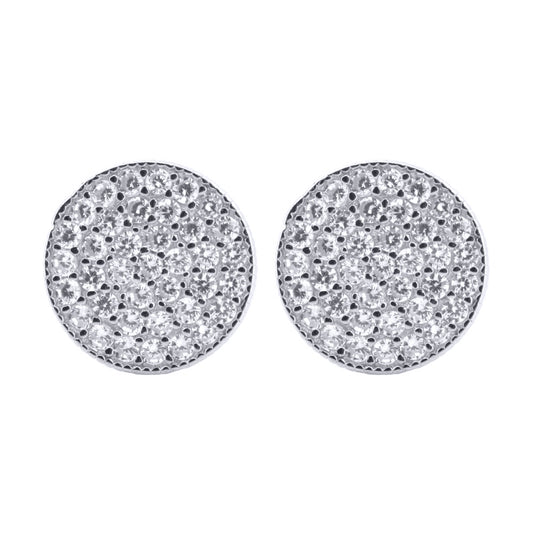 Silver  Round CZ Encrusted Round Flat Disc Stud Earrings - AES195