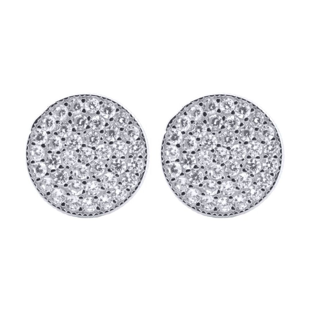 Silver  Round CZ Encrusted Round Flat Disc Stud Earrings - AES195