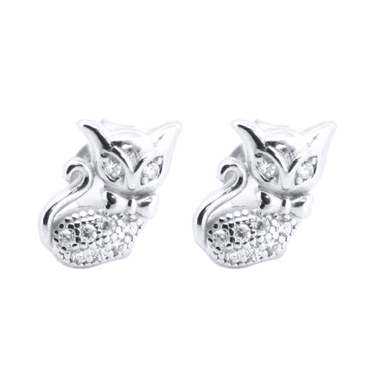 Silver  Round CZ Cute Cats wearing Bowtie Stud Earrings - AES196