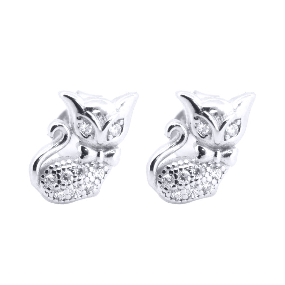 Silver  Round CZ Cute Cats wearing Bowtie Stud Earrings - AES196