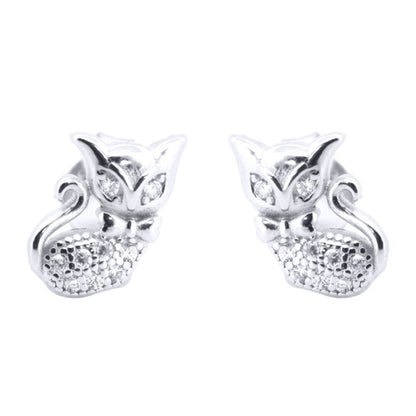 Silver  Round CZ Cute Cats wearing Bowtie Stud Earrings - AES196