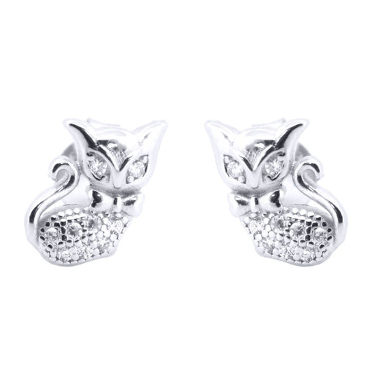 Silver  Round CZ Cute Cats wearing Bowtie Stud Earrings - AES196