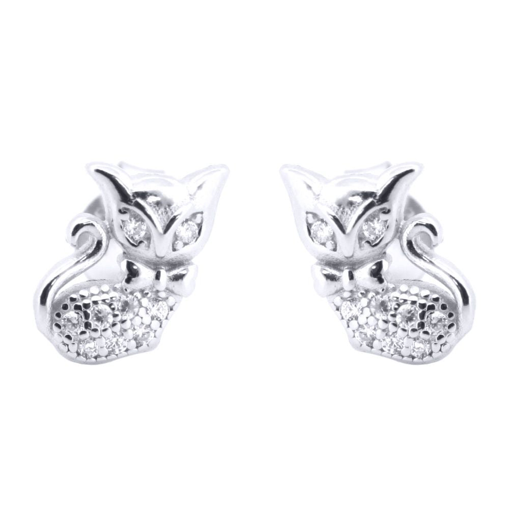 Silver  Round CZ Cute Cats wearing Bowtie Stud Earrings - AES196