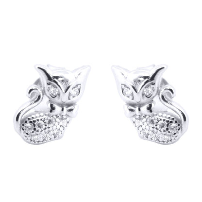 Silver  Round CZ Cute Cats wearing Bowtie Stud Earrings - AES196
