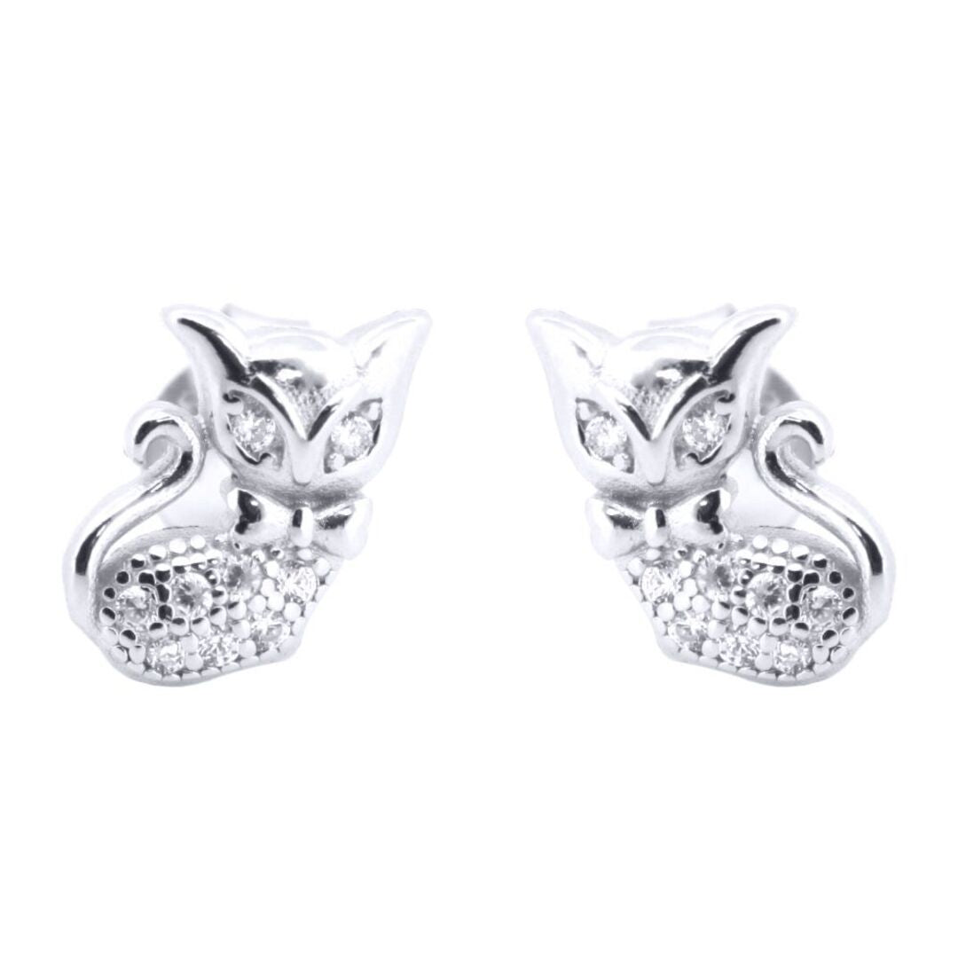 Silver  Round CZ Cute Cats wearing Bowtie Stud Earrings - AES196