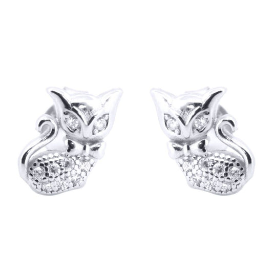 Silver  Round CZ Cute Cats wearing Bowtie Stud Earrings - AES196