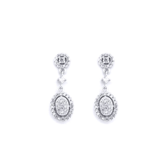 Silver  Round CZ Double Cluster Solitaire Drop Earrings - AES197