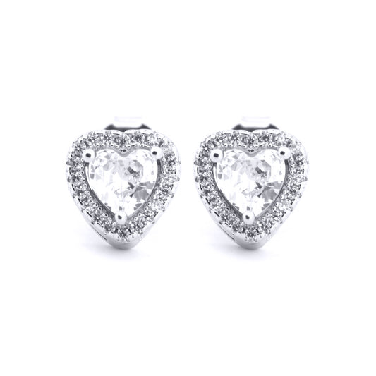 Silver  White Heart CZ Halo Solitaire Stud Earrings - AES198