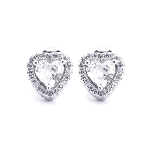 Silver  White Heart CZ Halo Solitaire Stud Earrings - AES198