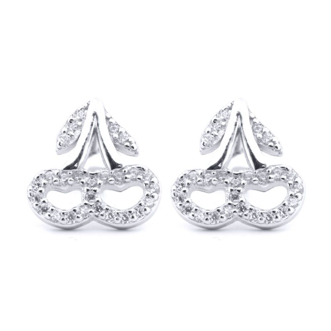 Silver  Round CZ Love Heart Cherry Pair Drops Stud Earrings - AES199