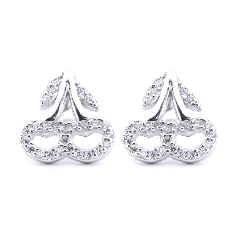 Silver  Round CZ Love Heart Cherry Pair Drops Stud Earrings - AES199