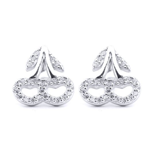 Silver  Round CZ Love Heart Cherry Pair Drops Stud Earrings - AES199