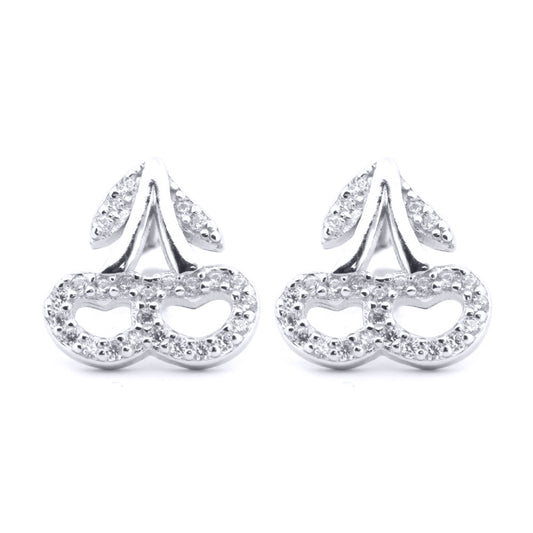 Silver  Round CZ Love Heart Cherry Pair Drops Stud Earrings - AES199