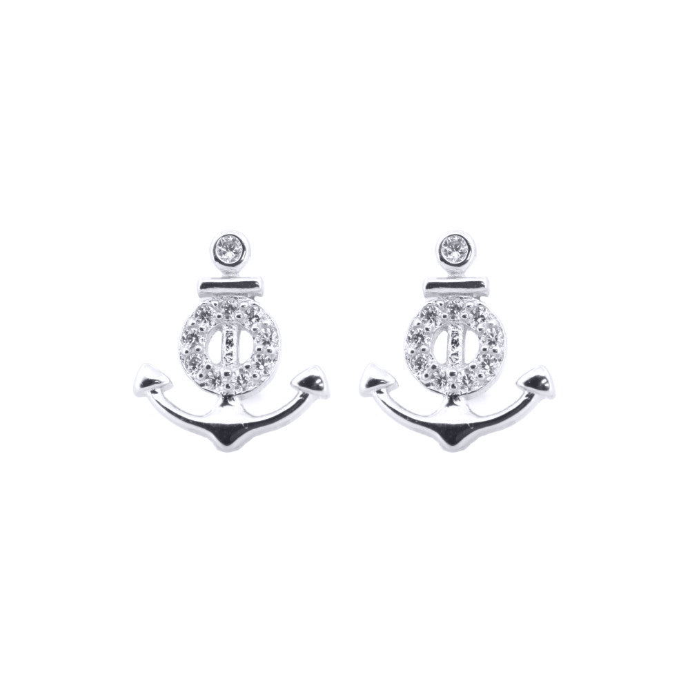 Silver  Round CZ Anchor and Life Buoy Stud Earrings - AES200