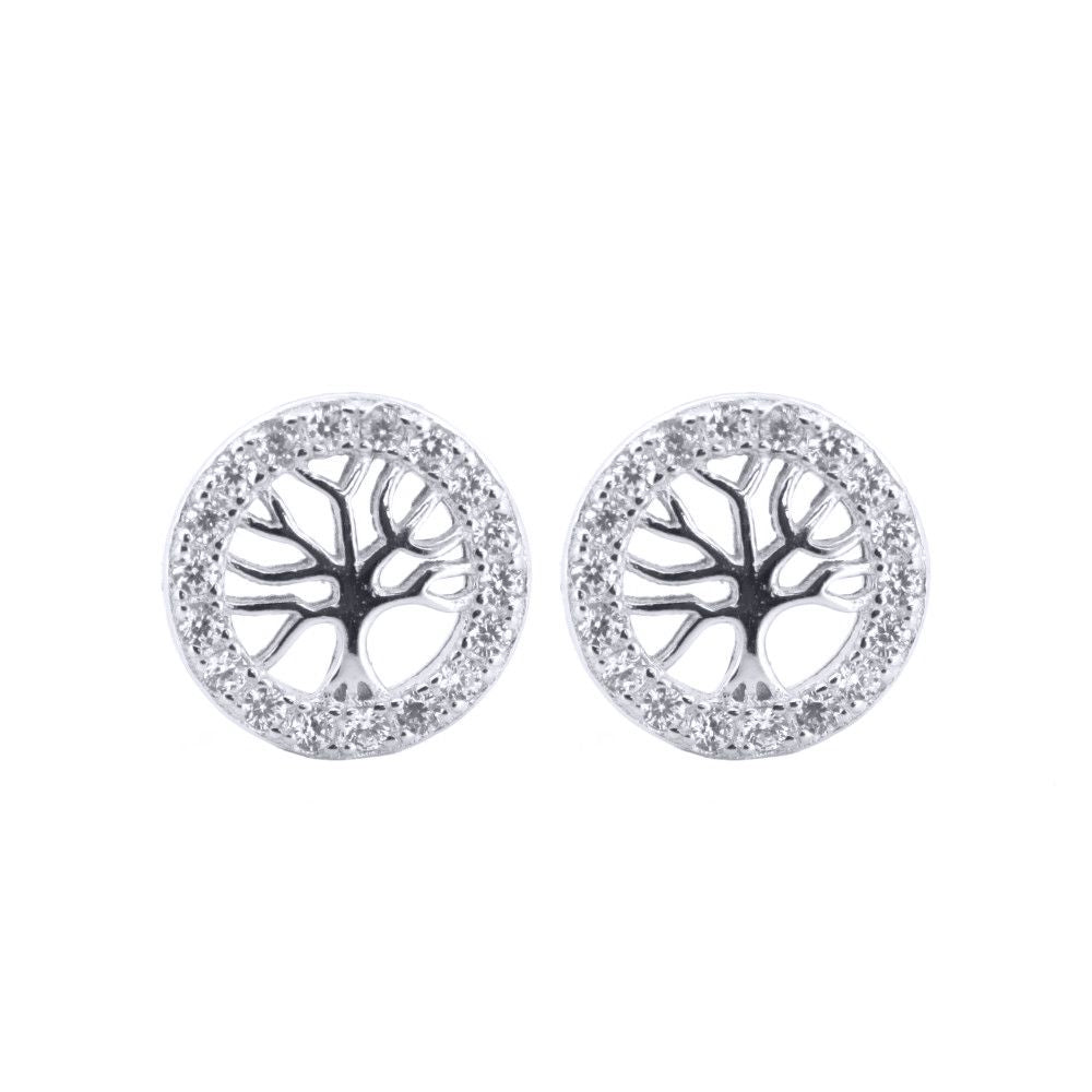 Silver  Round CZ Halo Circle Tree of Life Stud Earrings - AES202