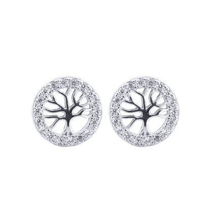 Silver  Round CZ Halo Circle Tree of Life Stud Earrings - AES202