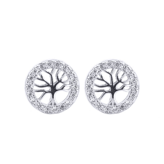 Silver  Round CZ Halo Circle Tree of Life Stud Earrings - AES202