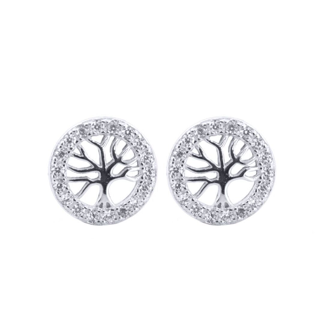 Silver  Round CZ Halo Circle Tree of Life Stud Earrings - AES202