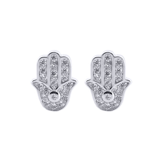 Silver  Round CZ 5 Hand Hamsa Stud Earrings - AES203