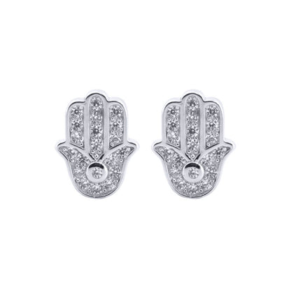 Silver  Round CZ 5 Hand Hamsa Stud Earrings - AES203