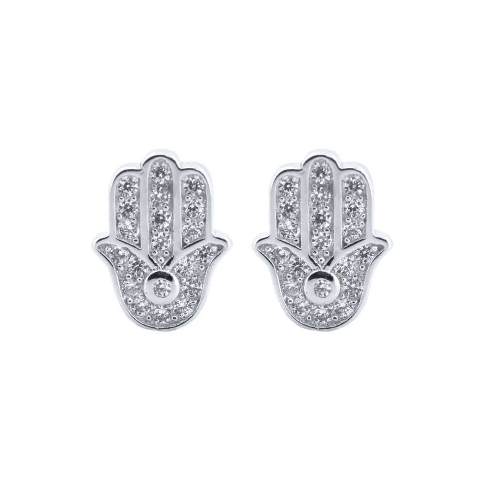 Silver  Round CZ 5 Hand Hamsa Stud Earrings - AES203