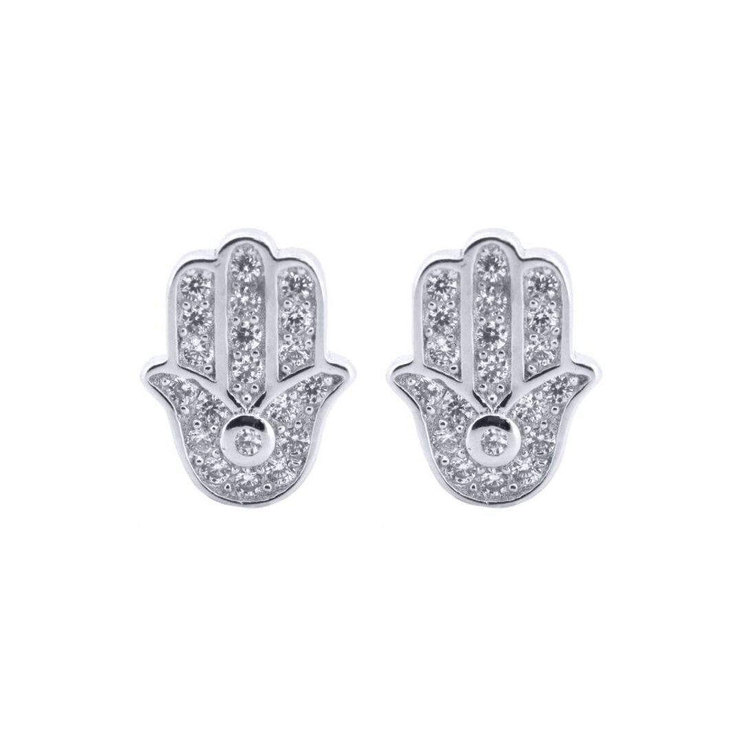 Silver  Round CZ 5 Hand Hamsa Stud Earrings - AES203