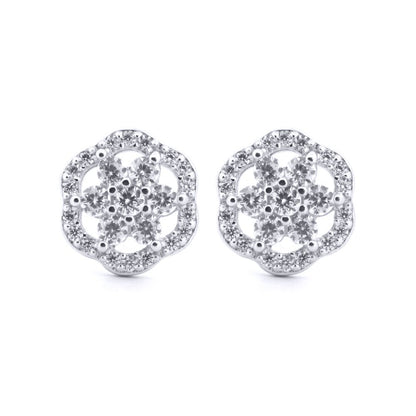 Silver  Round CZ Scallop Edge Dasiy Flower Stud Earrings - AES204