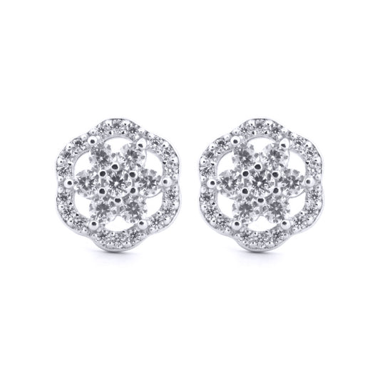 Silver  Round CZ Scallop Edge Dasiy Flower Stud Earrings - AES204