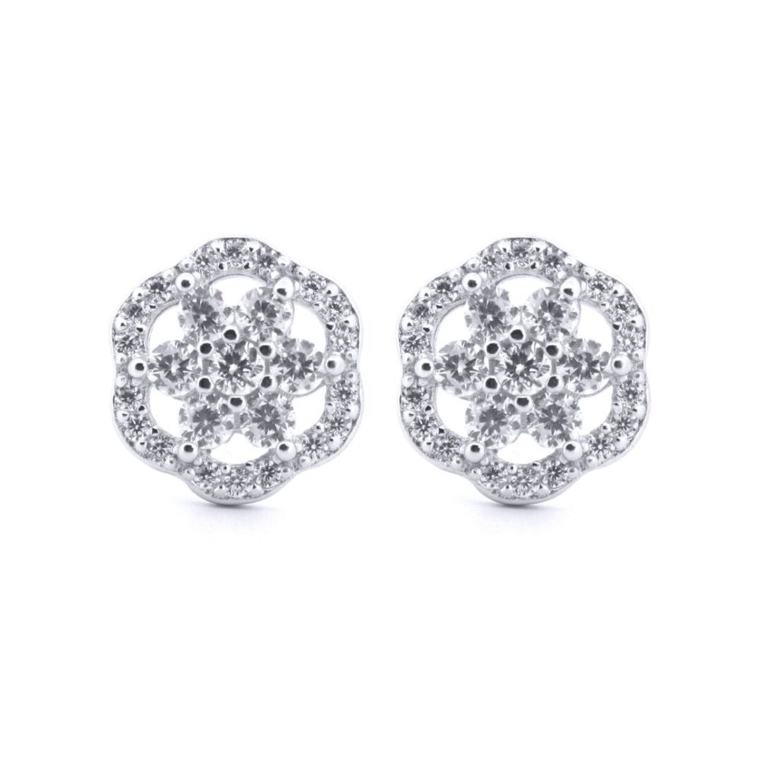 Silver  Round CZ Scallop Edge Dasiy Flower Stud Earrings - AES204