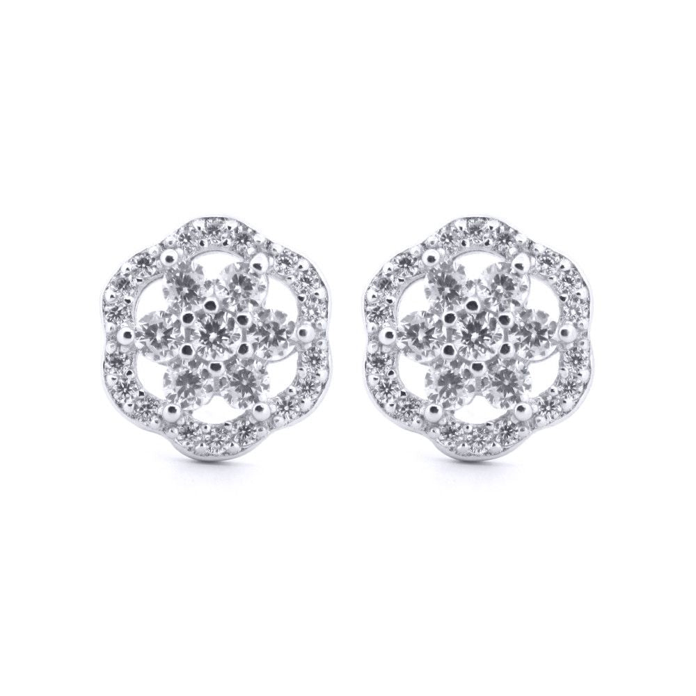 Silver  Round CZ Scallop Edge Dasiy Flower Stud Earrings - AES204