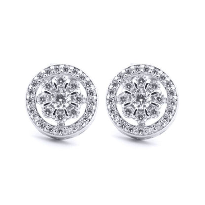 Silver  Round CZ Daisy Flower Cluster Halo Stud Earrings - AES206