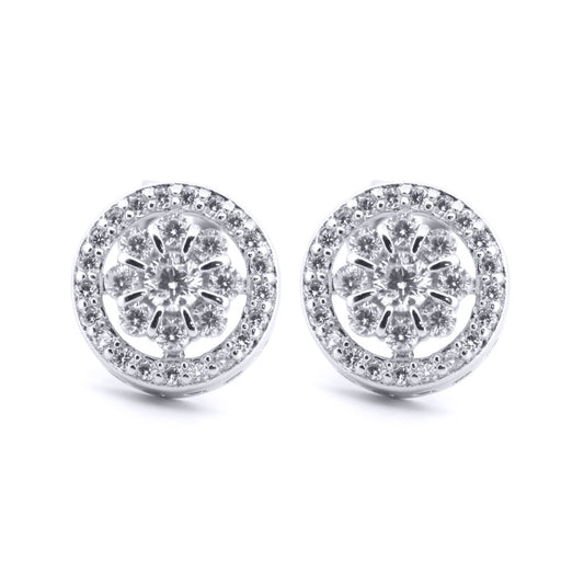 Silver  Round CZ Daisy Flower Cluster Halo Stud Earrings - AES206