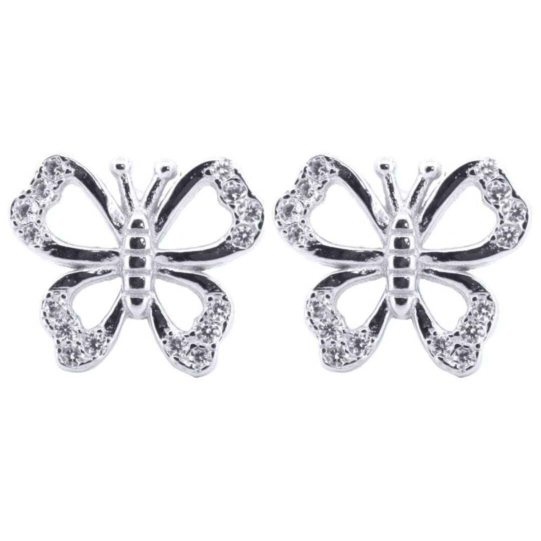 Silver  Round CZ Majestic Butterfly Stud Earrings - AES207