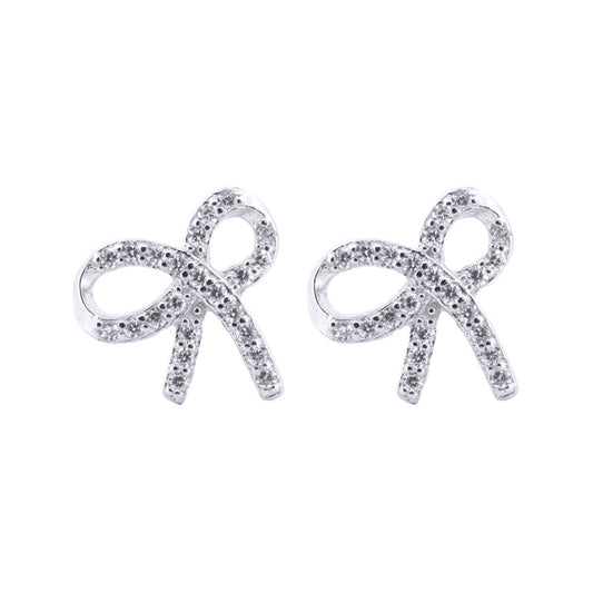 Silver  Round CZ Ribbon Bow Tie Stud Earrings - AES208