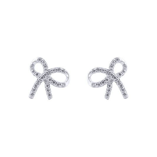 Silver  Round CZ Ribbon Bow Tie Stud Earrings - AES208