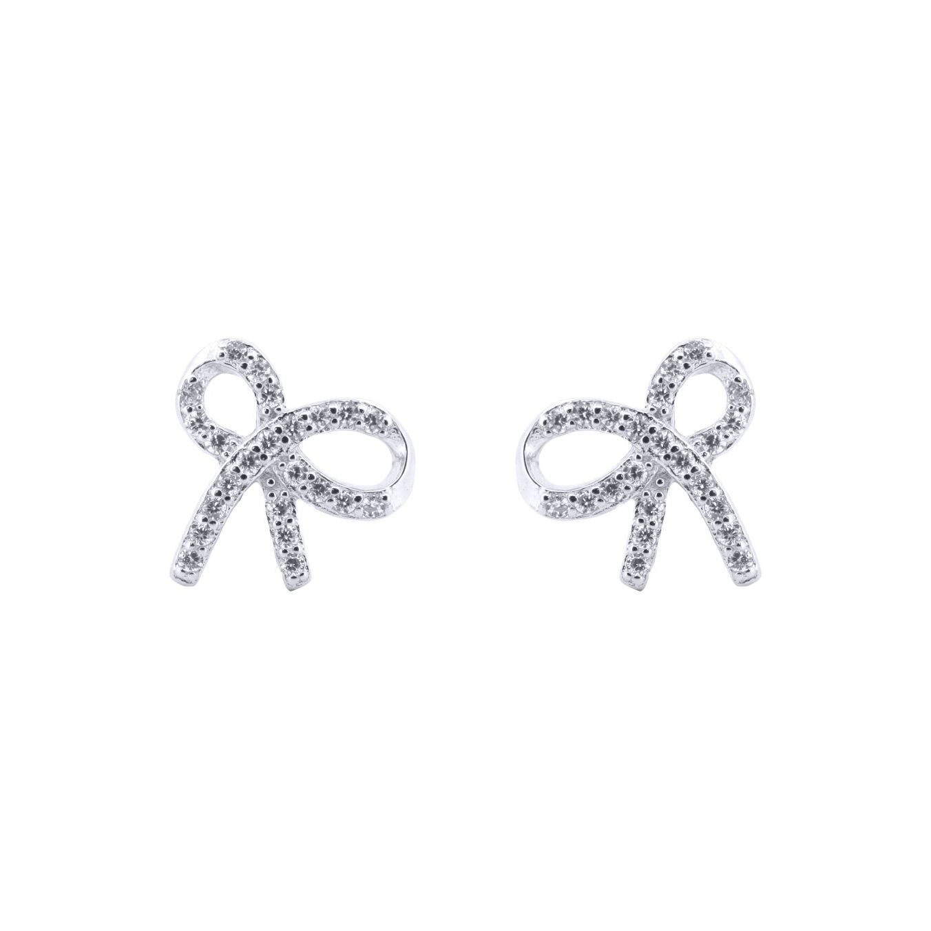 Silver  Round CZ Ribbon Bow Tie Stud Earrings - AES208