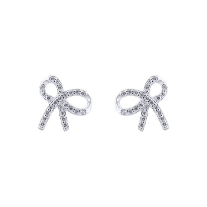 Silver  Round CZ Ribbon Bow Tie Stud Earrings - AES208