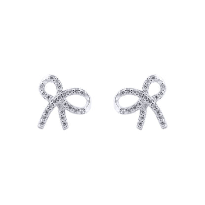 Silver  Round CZ Ribbon Bow Tie Stud Earrings - AES208